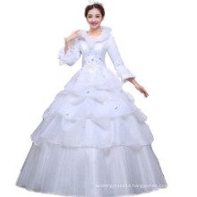 Luxury Ostrich Feather O-neck Winter Wedding Dress Handcraft Pleated Ruffles Organza Wedding Dress Bridal Gown Long Sleeves